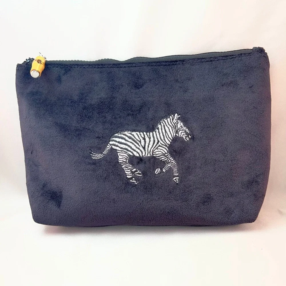 TRVL Design Black Velvet Zebra Embroidered Cosmetic Bag Bamboo Zipper Pull Pouch